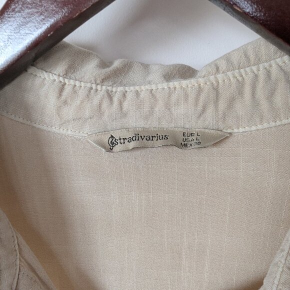 Stradivarius, Linen-like Oatmeal-beige Roll-up Sleeve Blouse, Size L - Picture 3 of 13